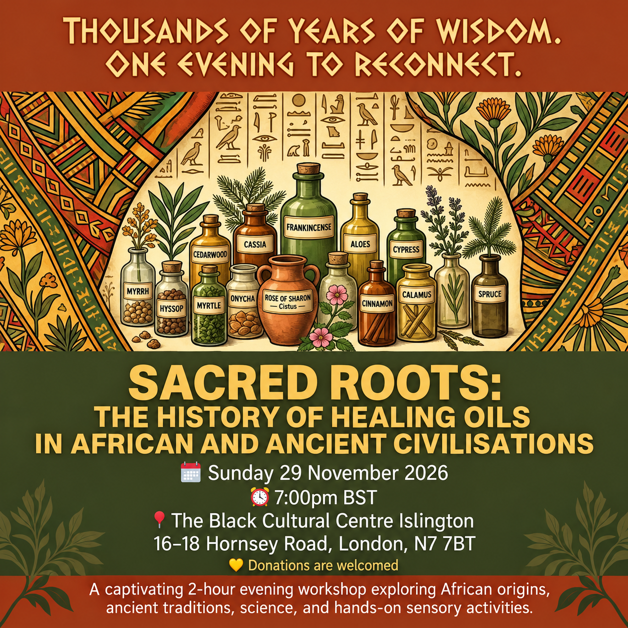 Read more about the article FREE Presentation – Sacred Roots: The History of Healing Oils in African+ Ancient Civilisations – Sun 29 Nov 2026